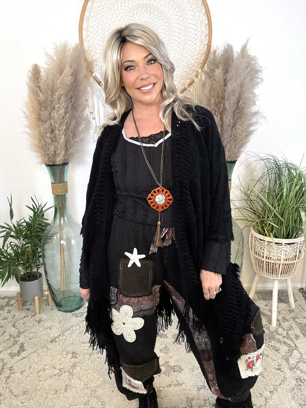 Frayed Heart Knit Kimono-Black