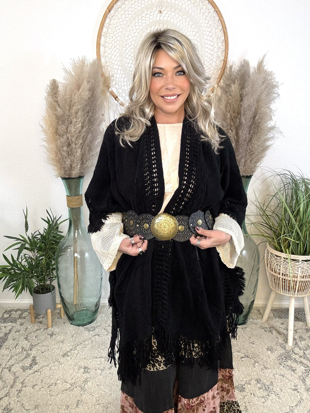 Frayed Heart Knit Kimono-Black