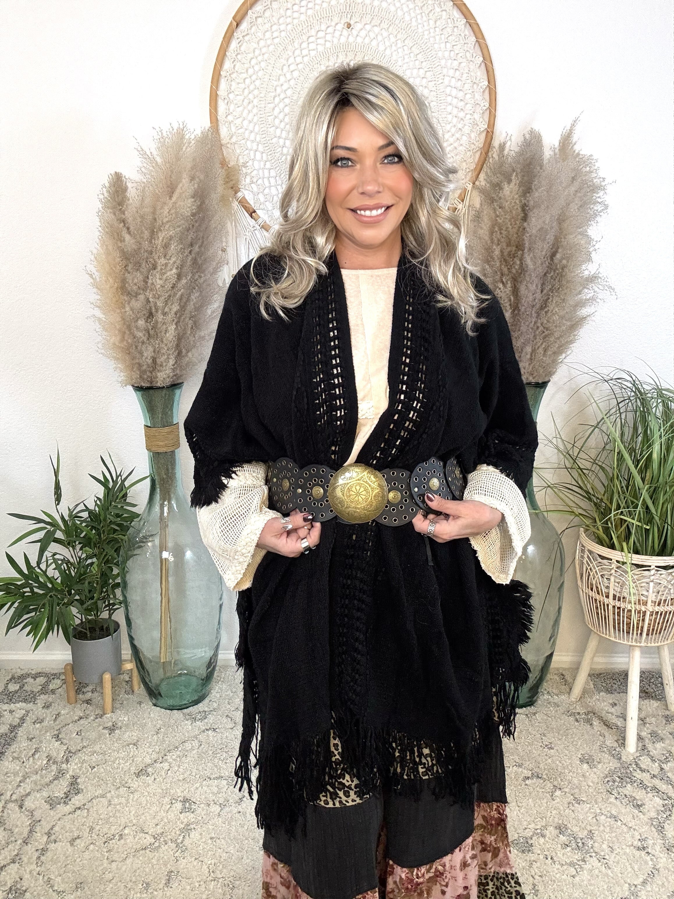 Frayed Heart Knit Kimono-Black