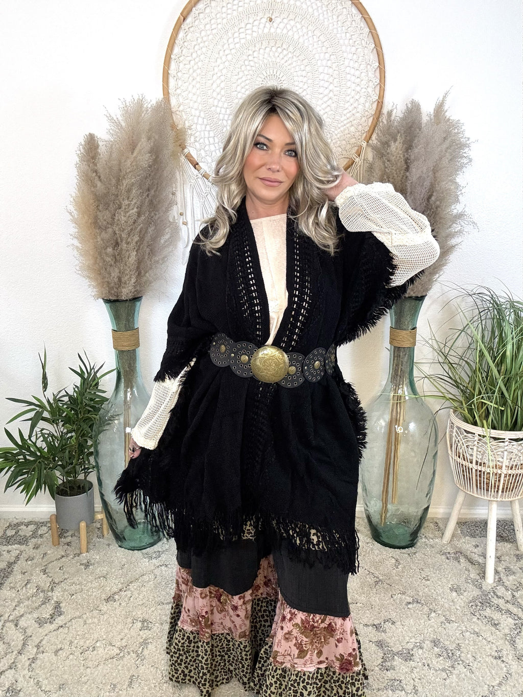 Frayed Heart Knit Kimono-Black