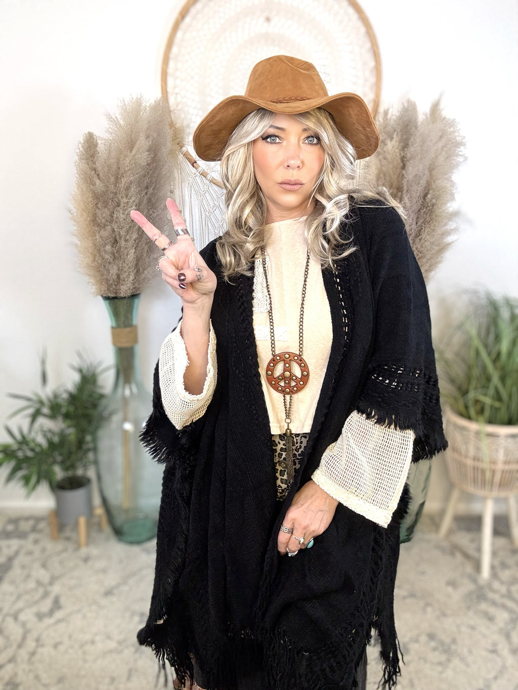 Frayed Heart Knit Kimono-Black