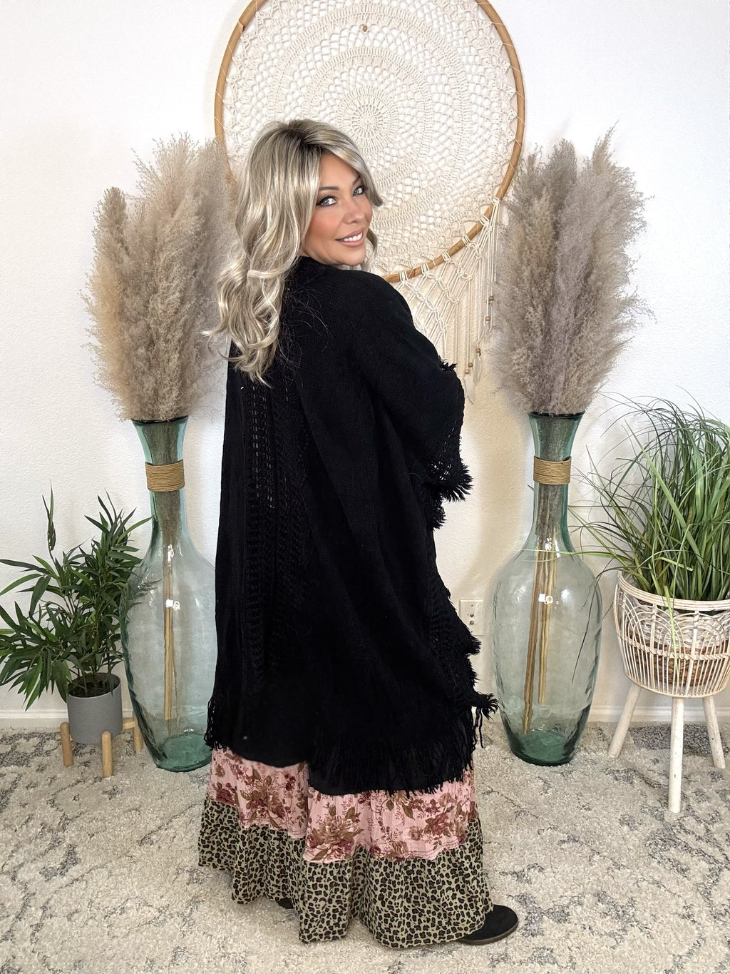 Frayed Heart Knit Kimono-Black