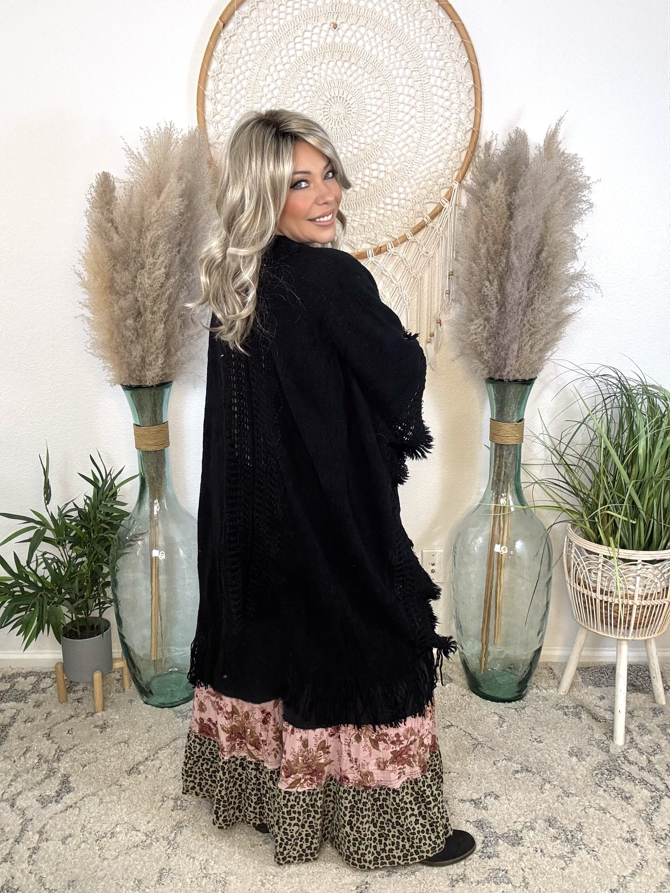 Frayed Heart Knit Kimono-Black