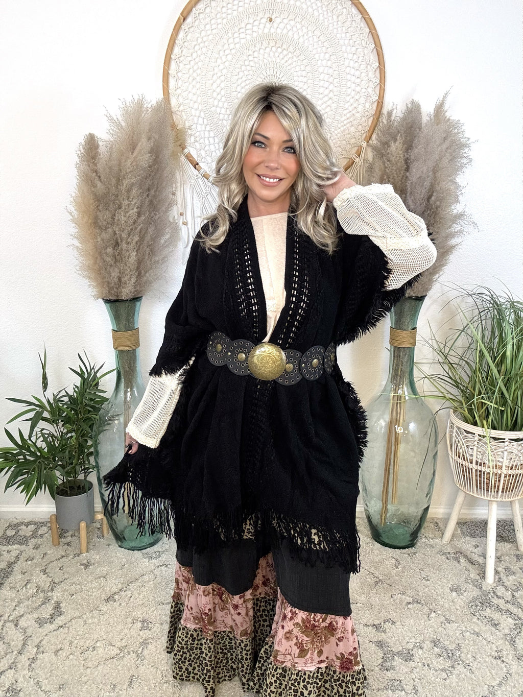 Frayed Heart Knit Kimono-Black