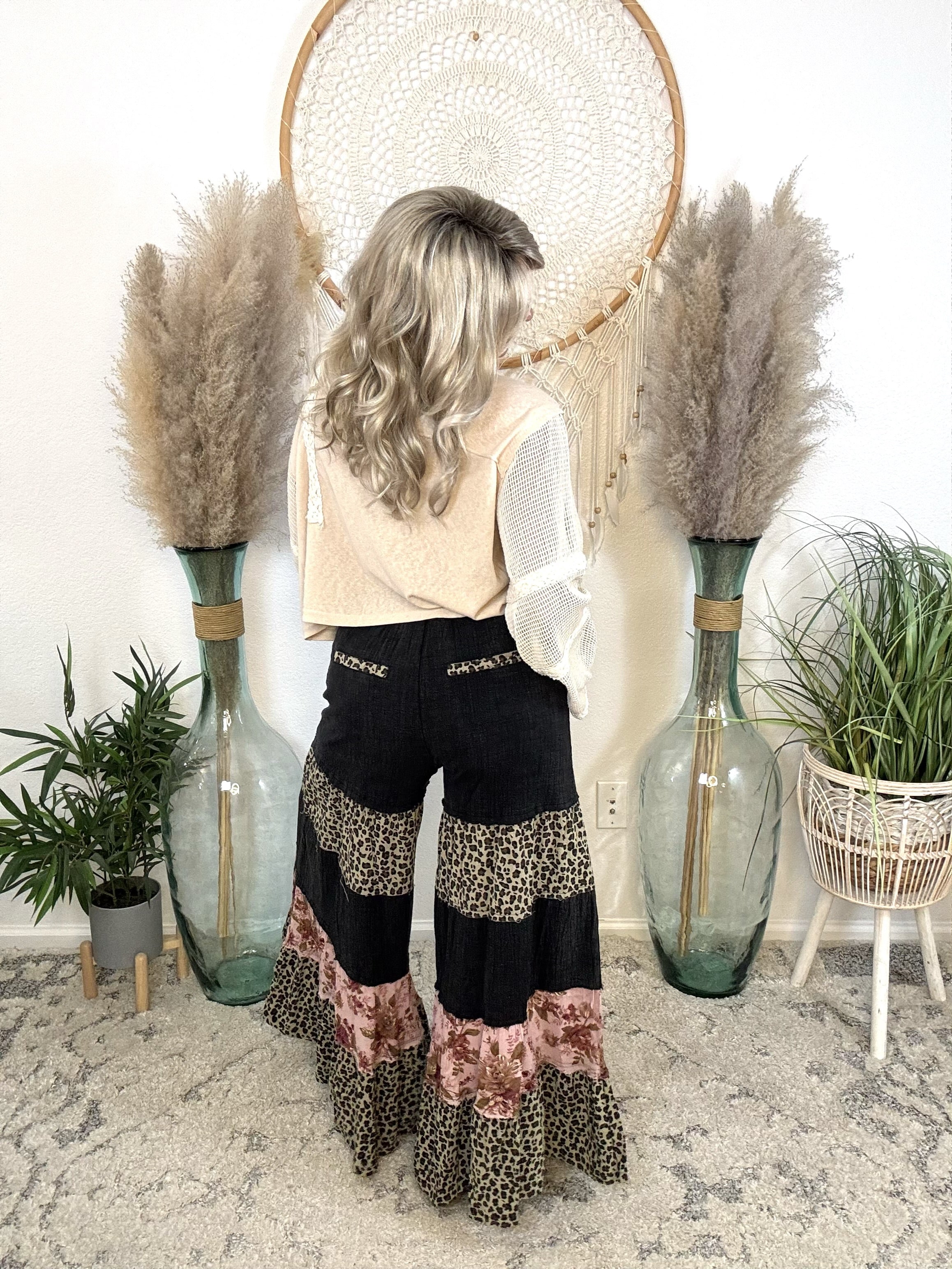 Tiered and Untamed Wide Leg Pants-Black Multi