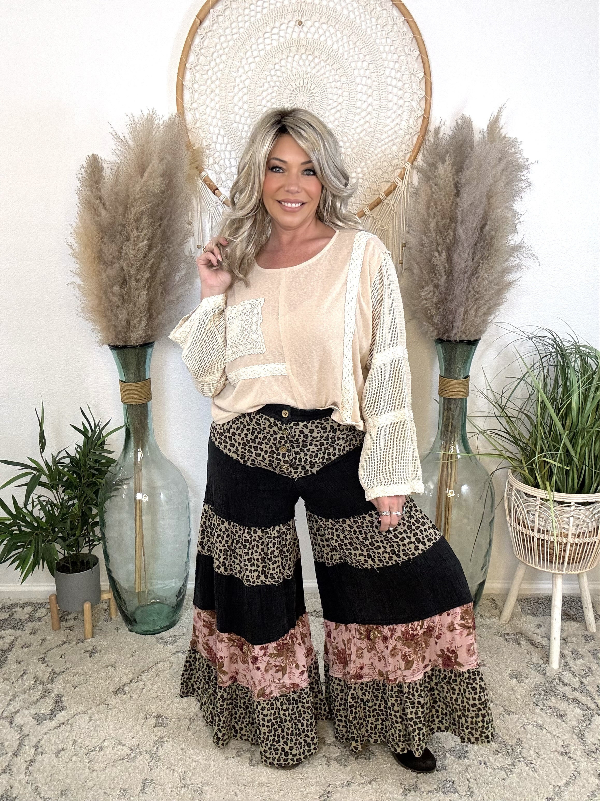 Tiered and Untamed Wide Leg Pants-Black Multi