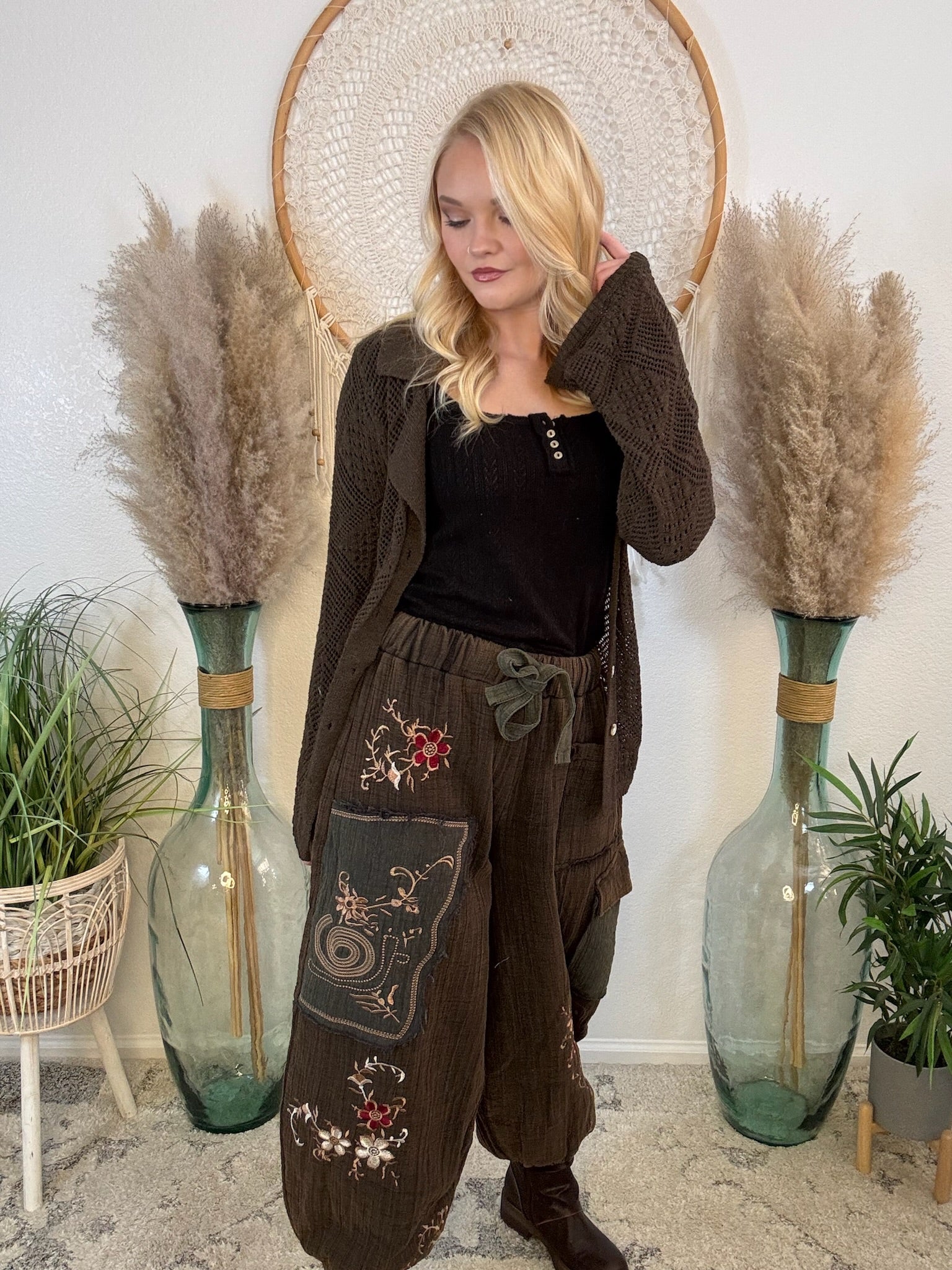 **Shadow Pines Floral Embroidered Boho Joggers – Soft Double Gauze Relaxed Fit*