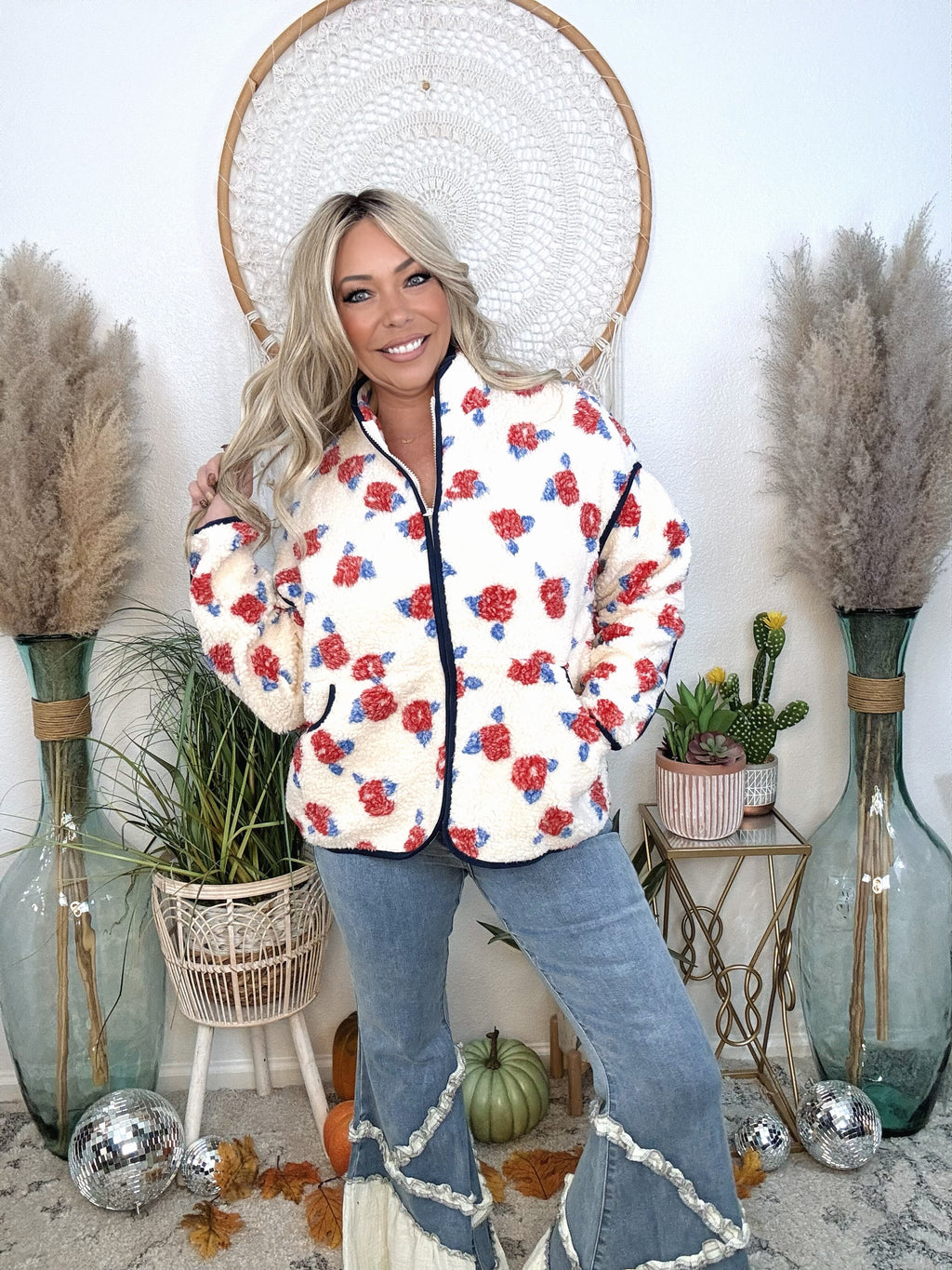 Campfire Luxe Fleece Jacket-Ivory/Floral Mix