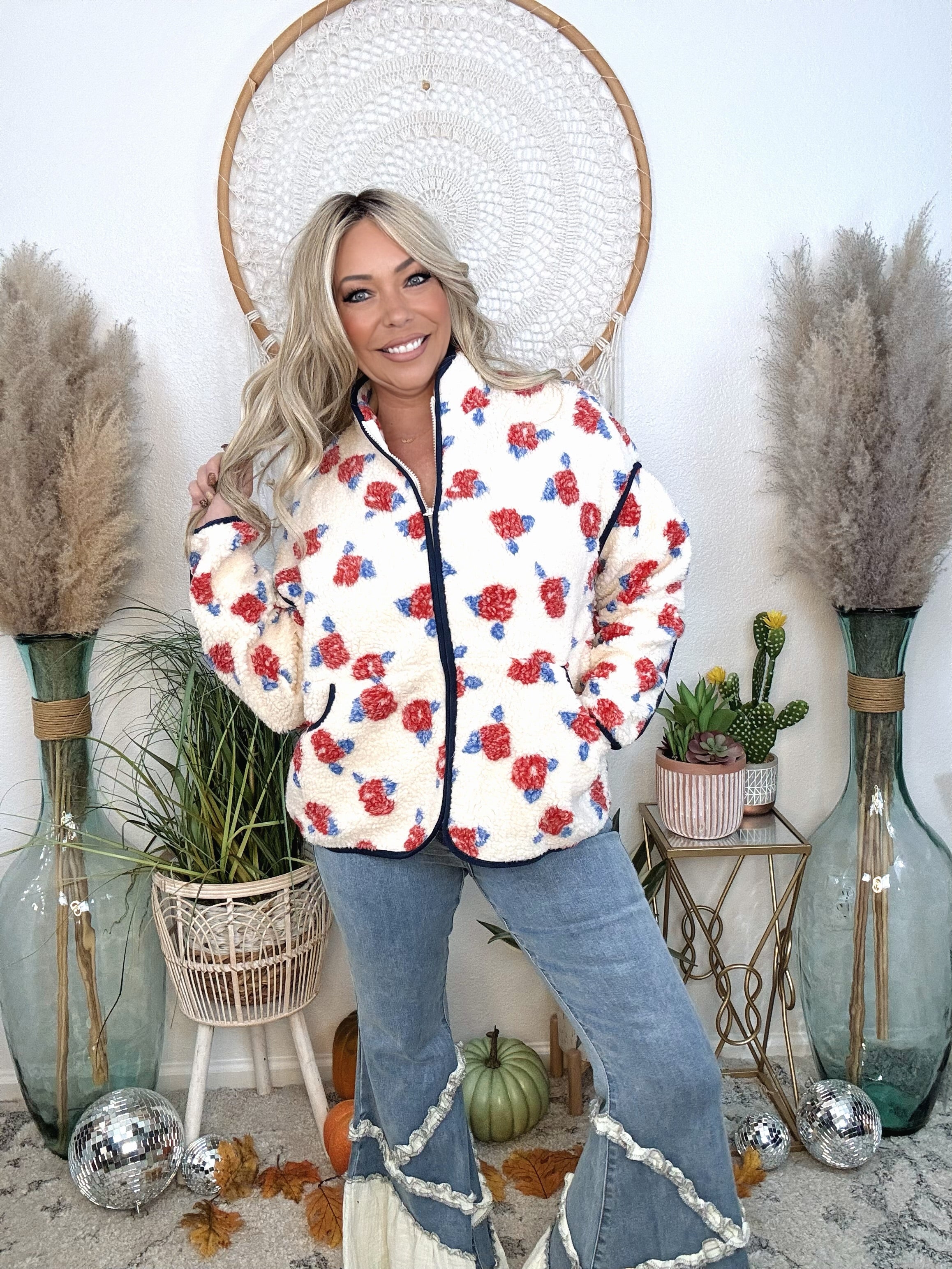 Campfire Luxe Fleece Jacket-Ivory/Floral Mix