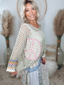 Peaceful Patterns Crochet Sweater-Sage