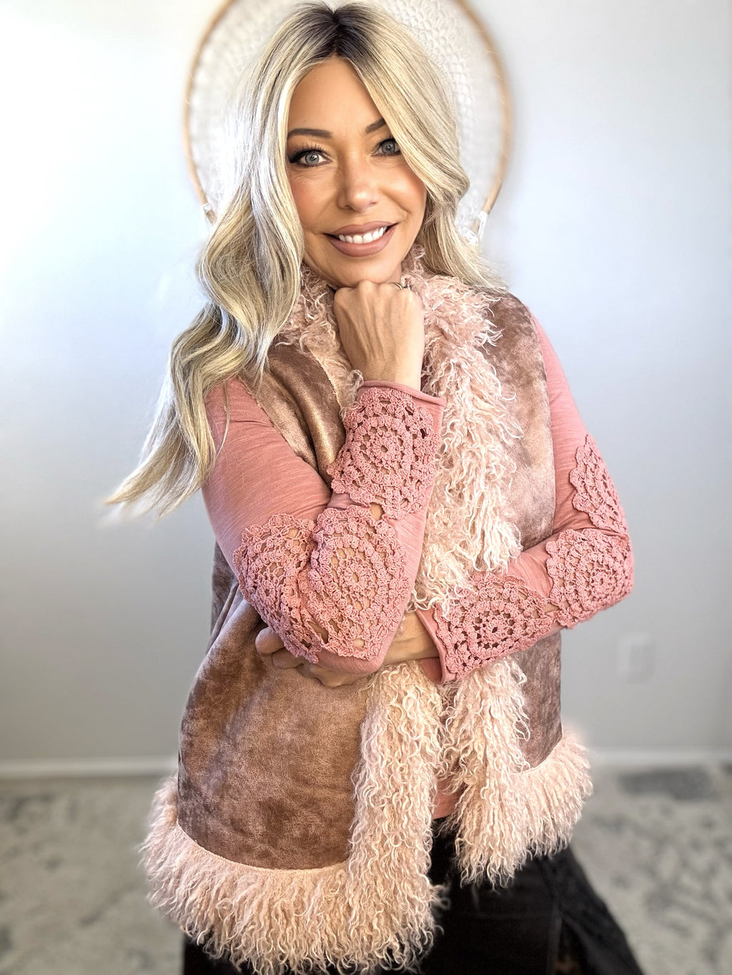 Wanderlight Crochet-Sleeve Henley-Mauve