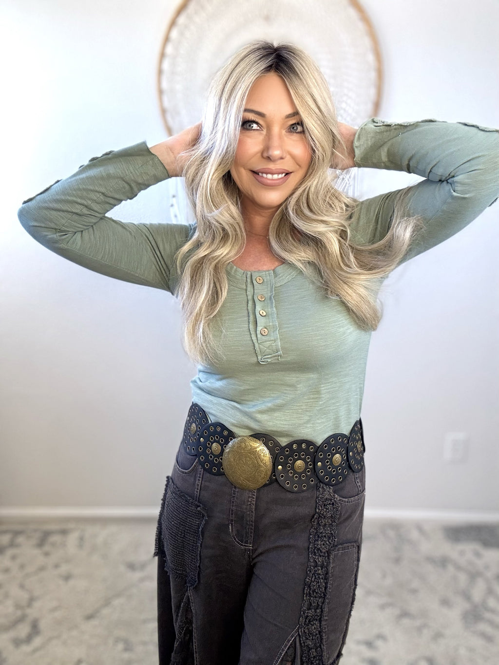 Wanderlight Crochet-Sleeve Henley-Sage