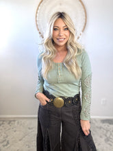 Load image into Gallery viewer, Wanderlight Crochet-Sleeve Henley-Sage
