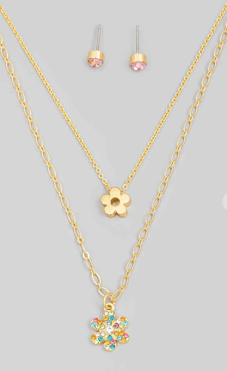 Flower Power Multi Chain Pendant Necklace and Earring Set