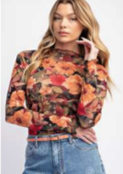 Say So Floral Mesh Top-Rust