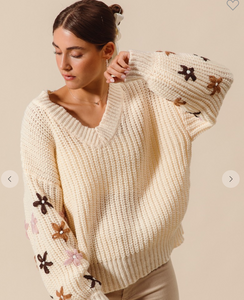 Fall Blossoms Knit Sweater-Cream