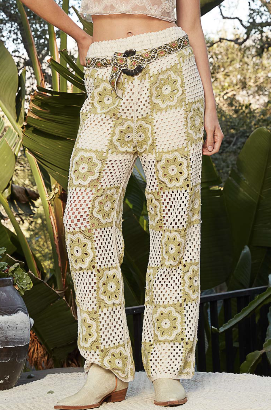 Floral Groove Crochet Pants-Matcha