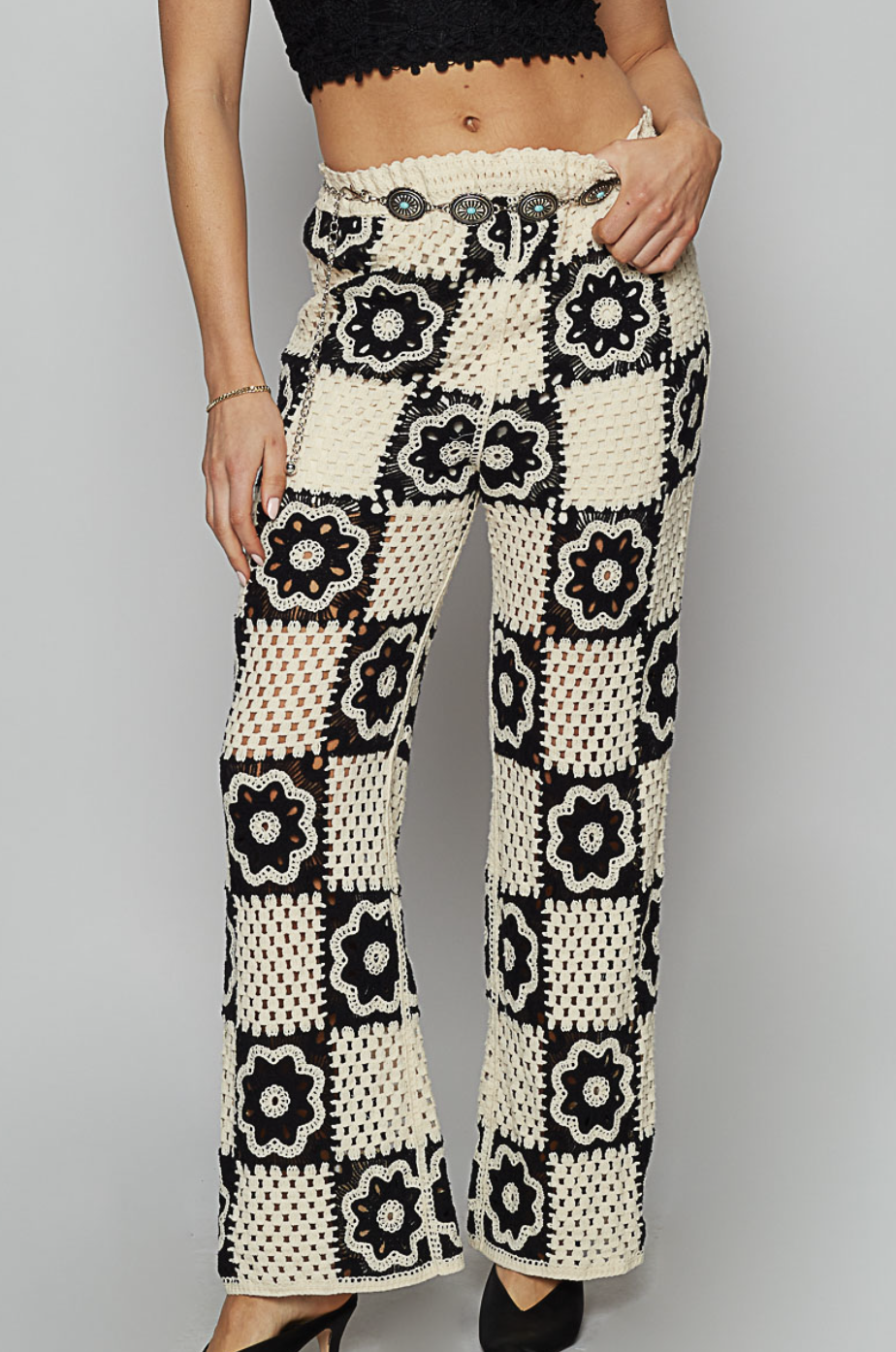 Floral Groove Crochet Pants-Black