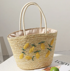 Lemon Embroidered Woven Tote Bag