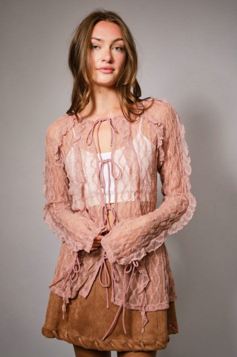 Whispered Lace Tie Front Blouse-Dusty Rose