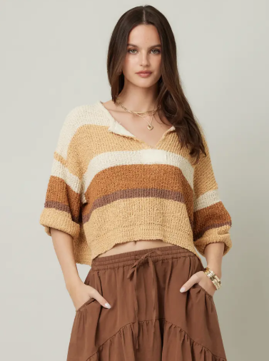 Autumn Slouch Short Sleeve Sweater-Striped