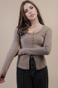 Cafe Couture Snap Front Henley-Mocha Mousse