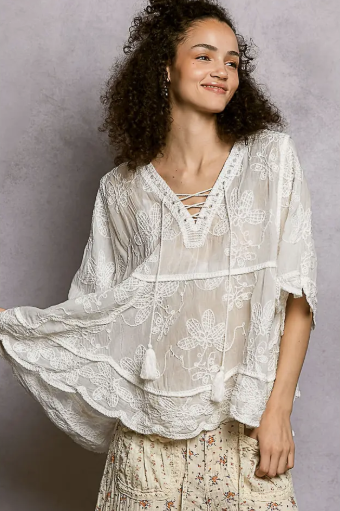 Petals On The Wind Embroidered Blouse-Ivory