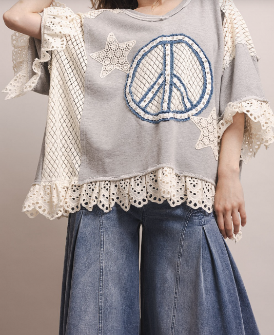 Peace Sign Pullover with Lace