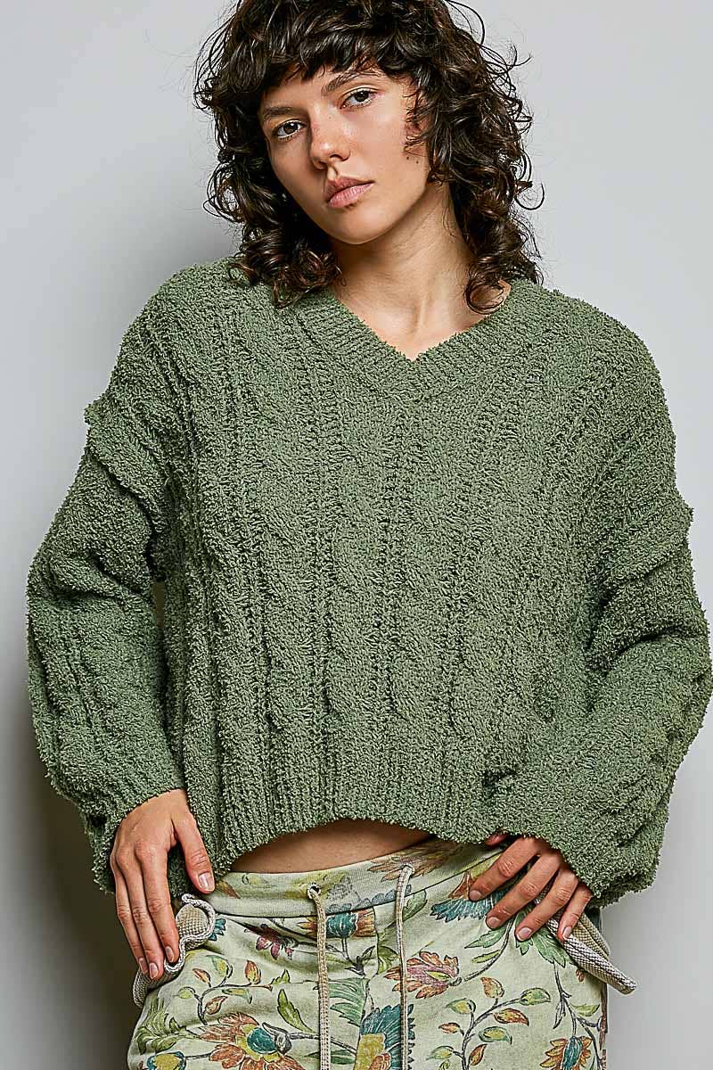 Cozy V-Neck Cable Knit Sweater by POL