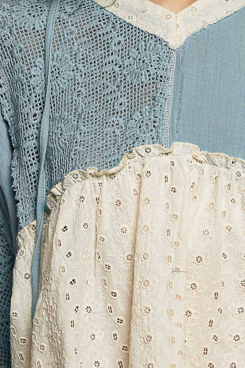 Eyelet Patch Crochet Woven Hoodie Top by POL