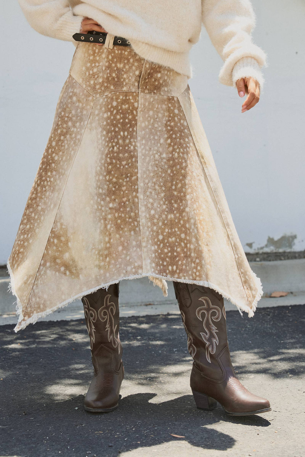 Fawn Print Denim Hi-Low Maxi Skirt With Belt