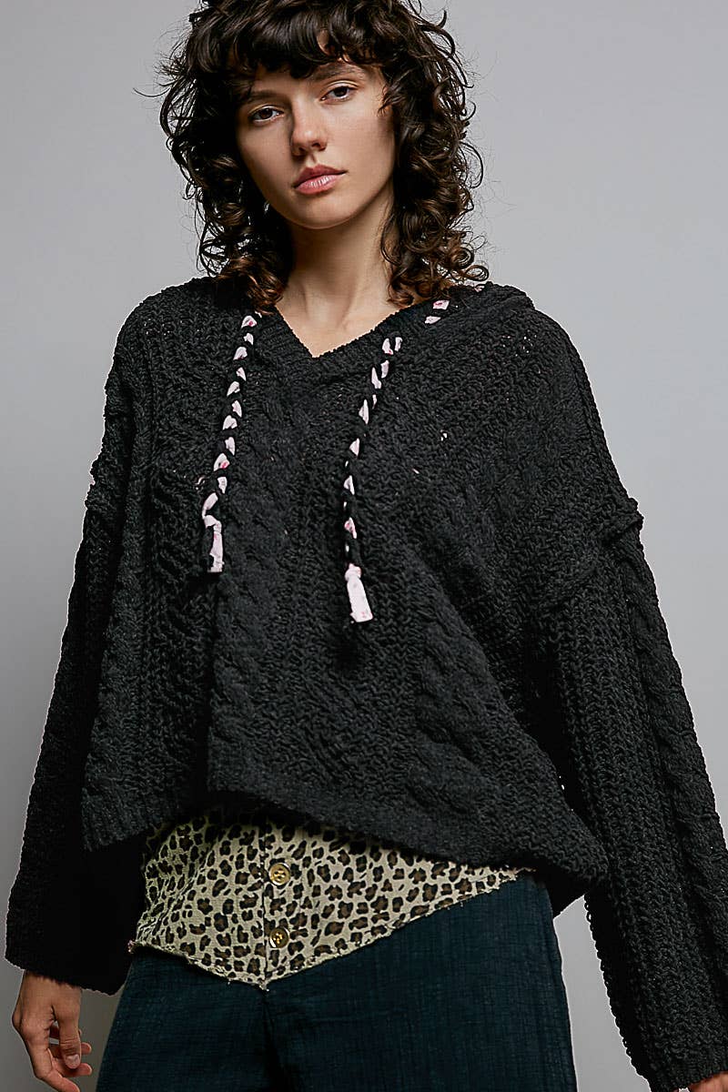 Hooded Cable Knit Chenille Sweater by POL
