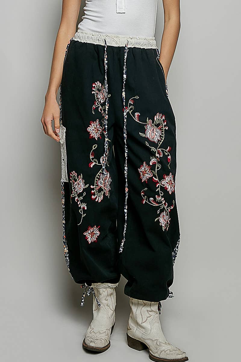 Floral Embroidery Patch Jogger Pants by POL