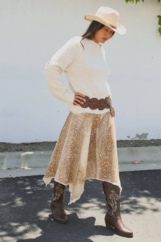 Fawn Print Denim Hi-Low Maxi Skirt With Belt