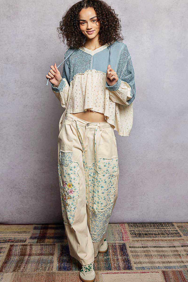 Eyelet Patch Crochet Woven Hoodie Top by POL