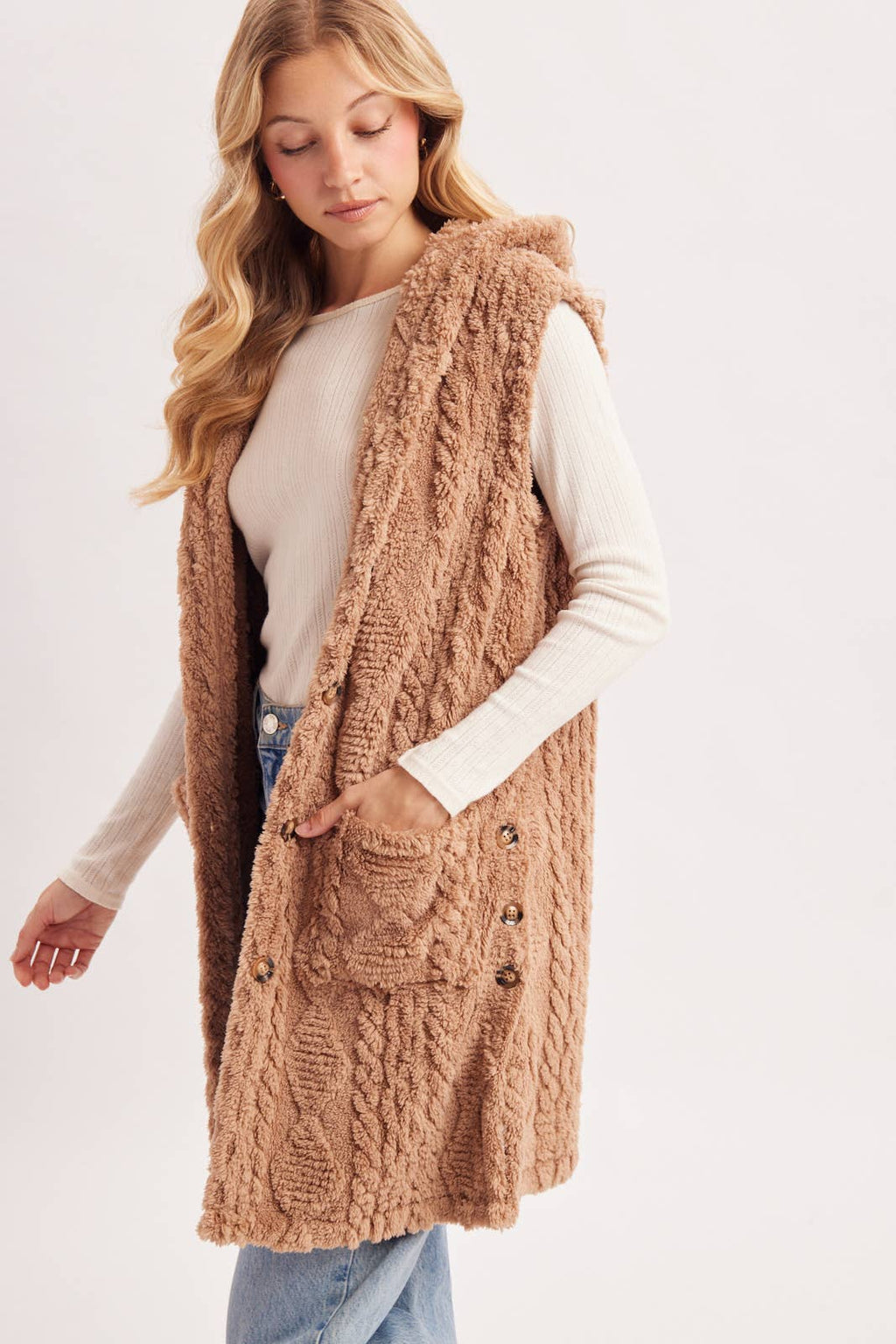 BOUCLE CABLE KNIT SWEATER HOODED VEST