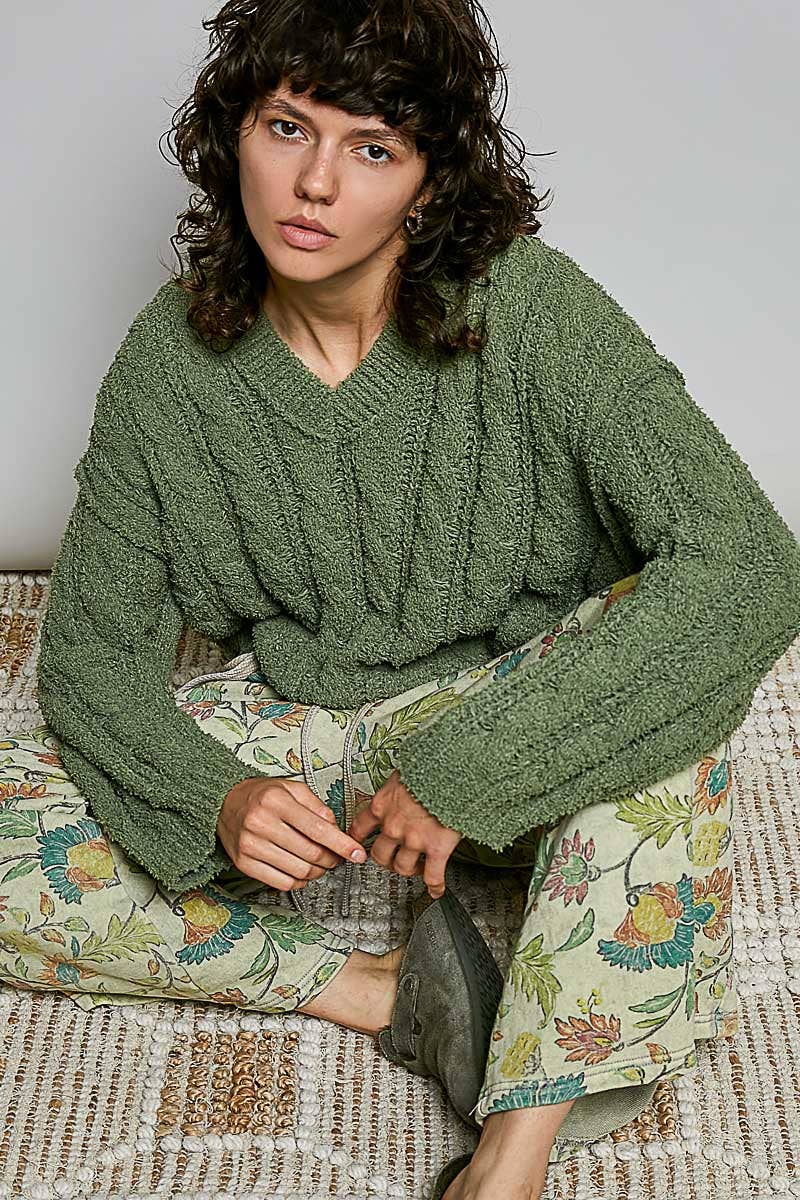 Cozy V-Neck Cable Knit Sweater by POL