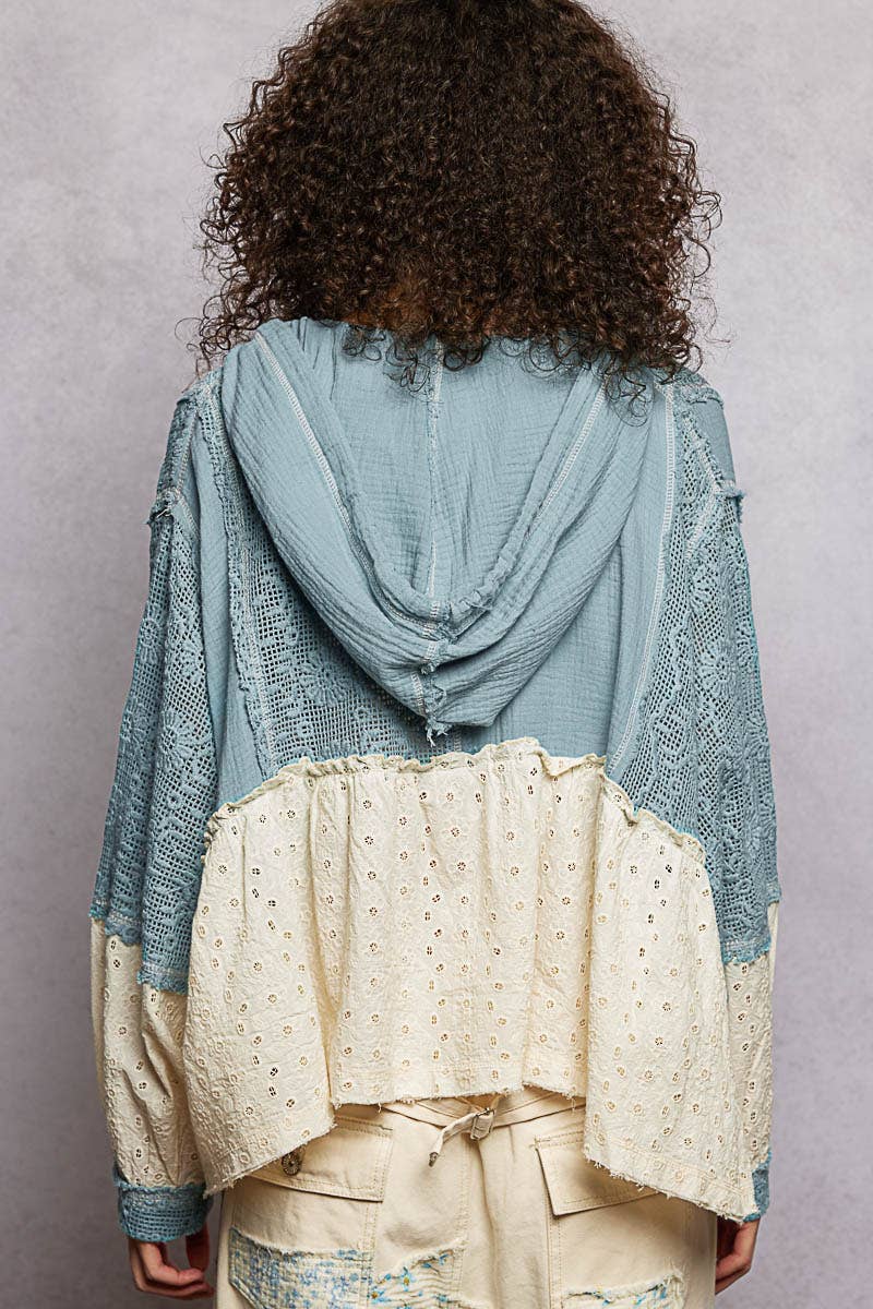 Eyelet Patch Crochet Woven Hoodie Top by POL