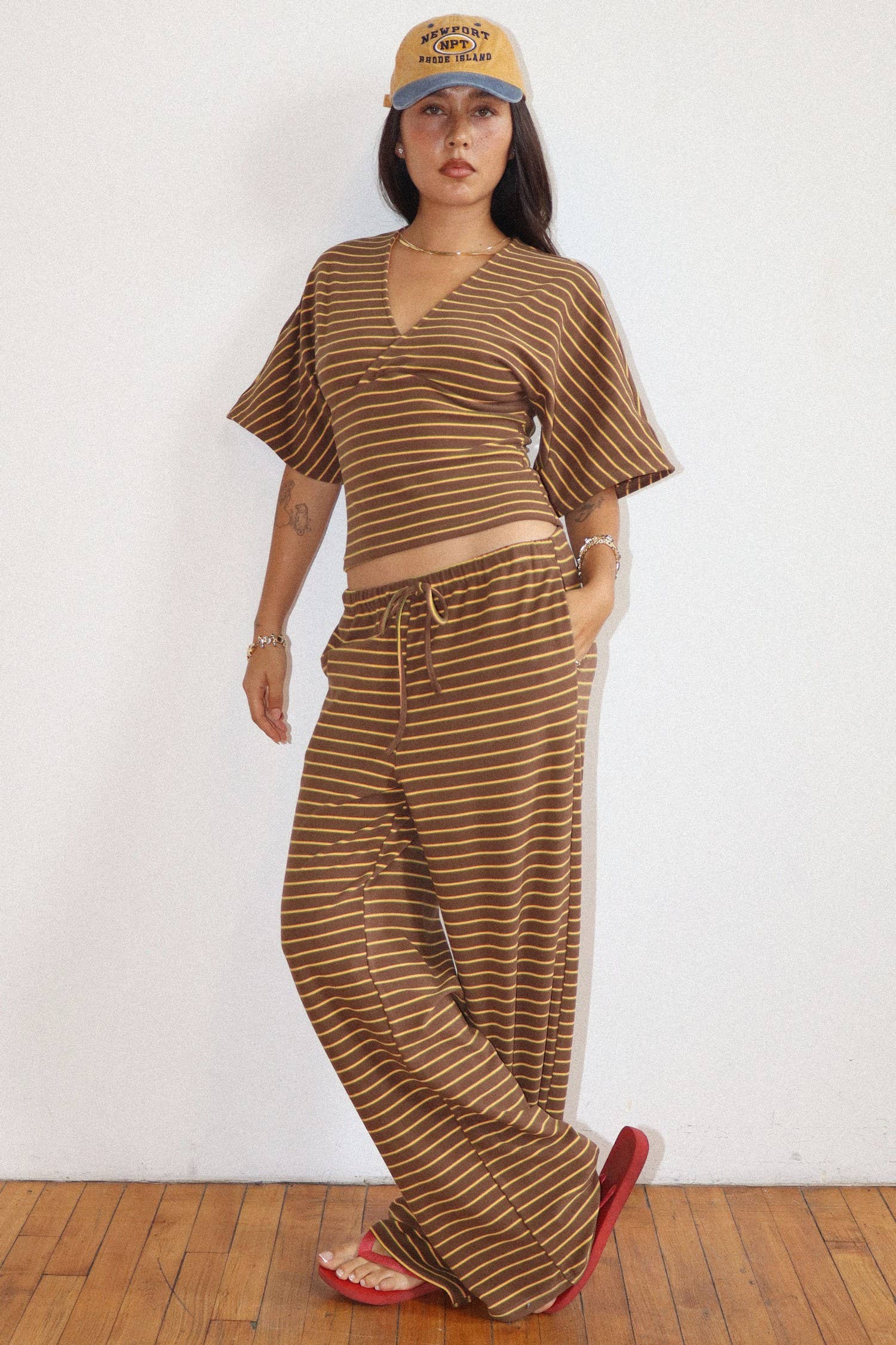 Mocha Striped Drawstring Wide Leg Pants