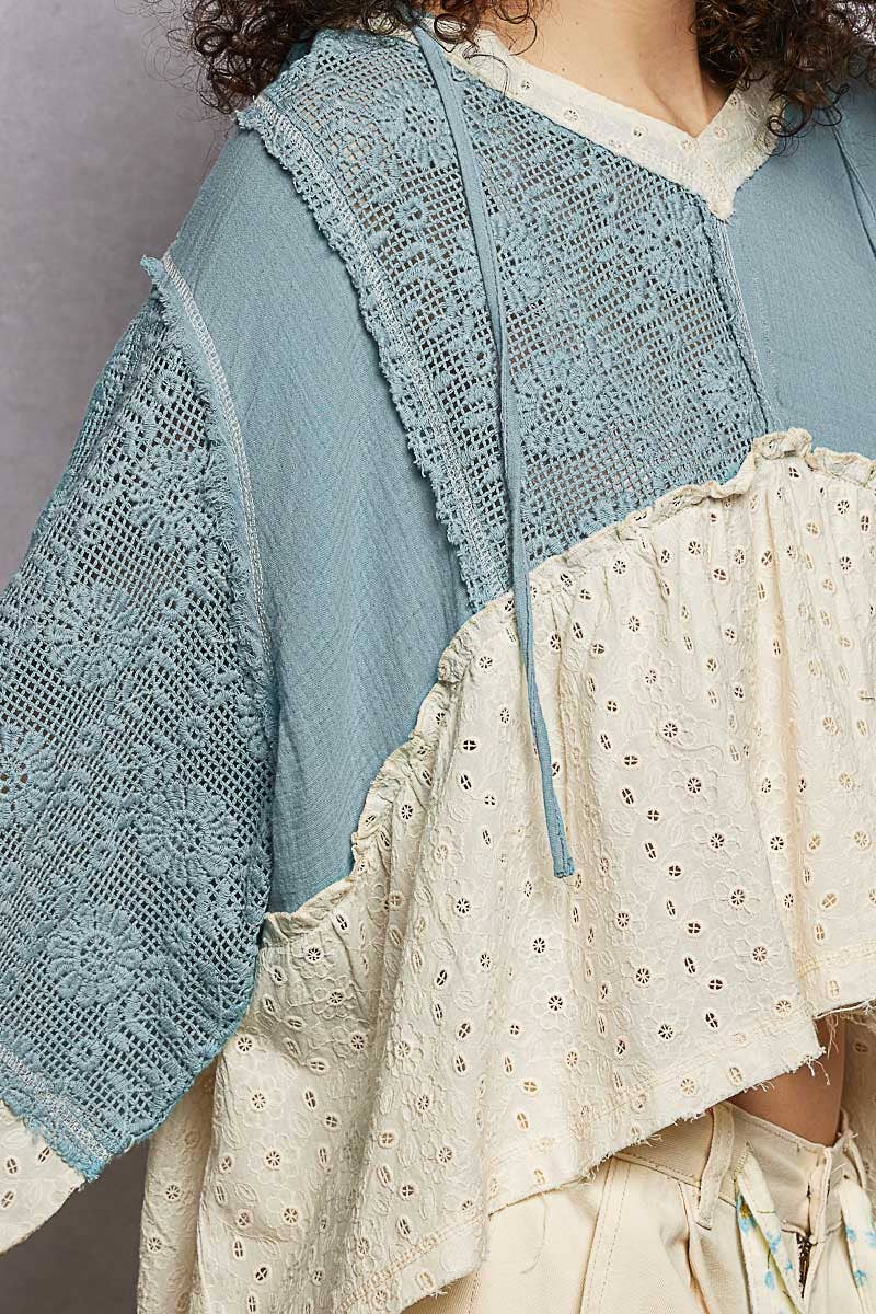 Eyelet Patch Crochet Woven Hoodie Top by POL