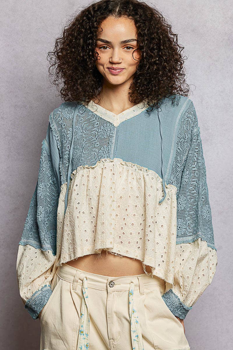 Eyelet Patch Crochet Woven Hoodie Top by POL