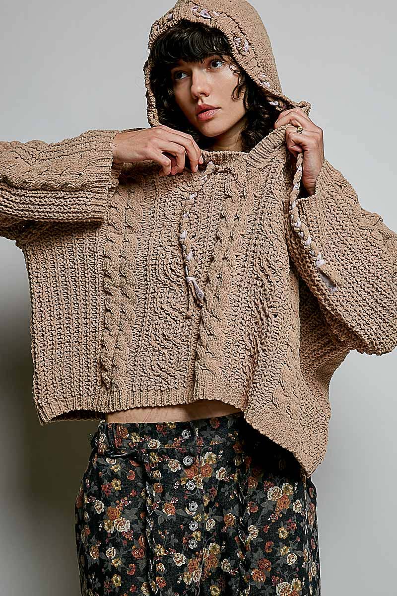 Hooded Cable Knit Chenille Sweater by POL