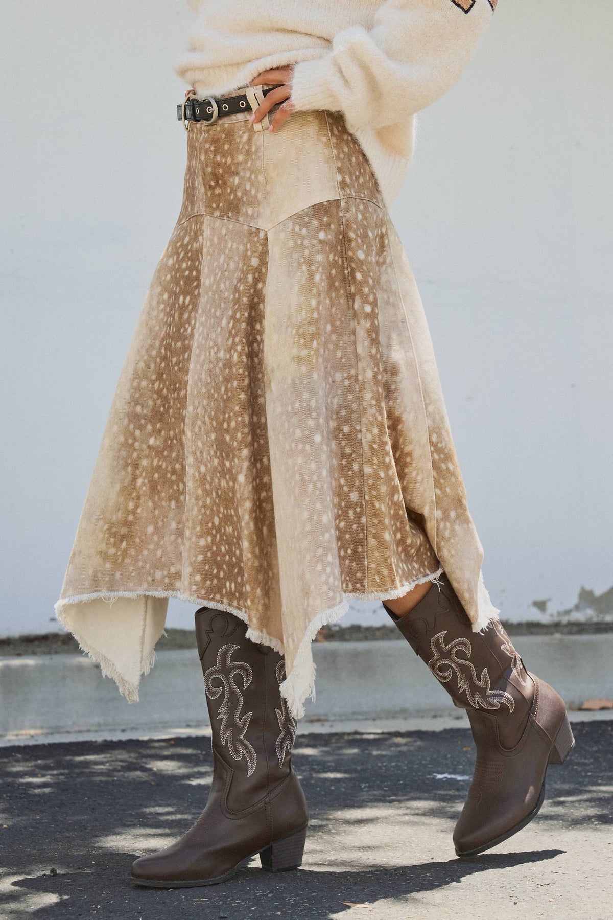 Fawn Print Denim Hi-Low Maxi Skirt With Belt
