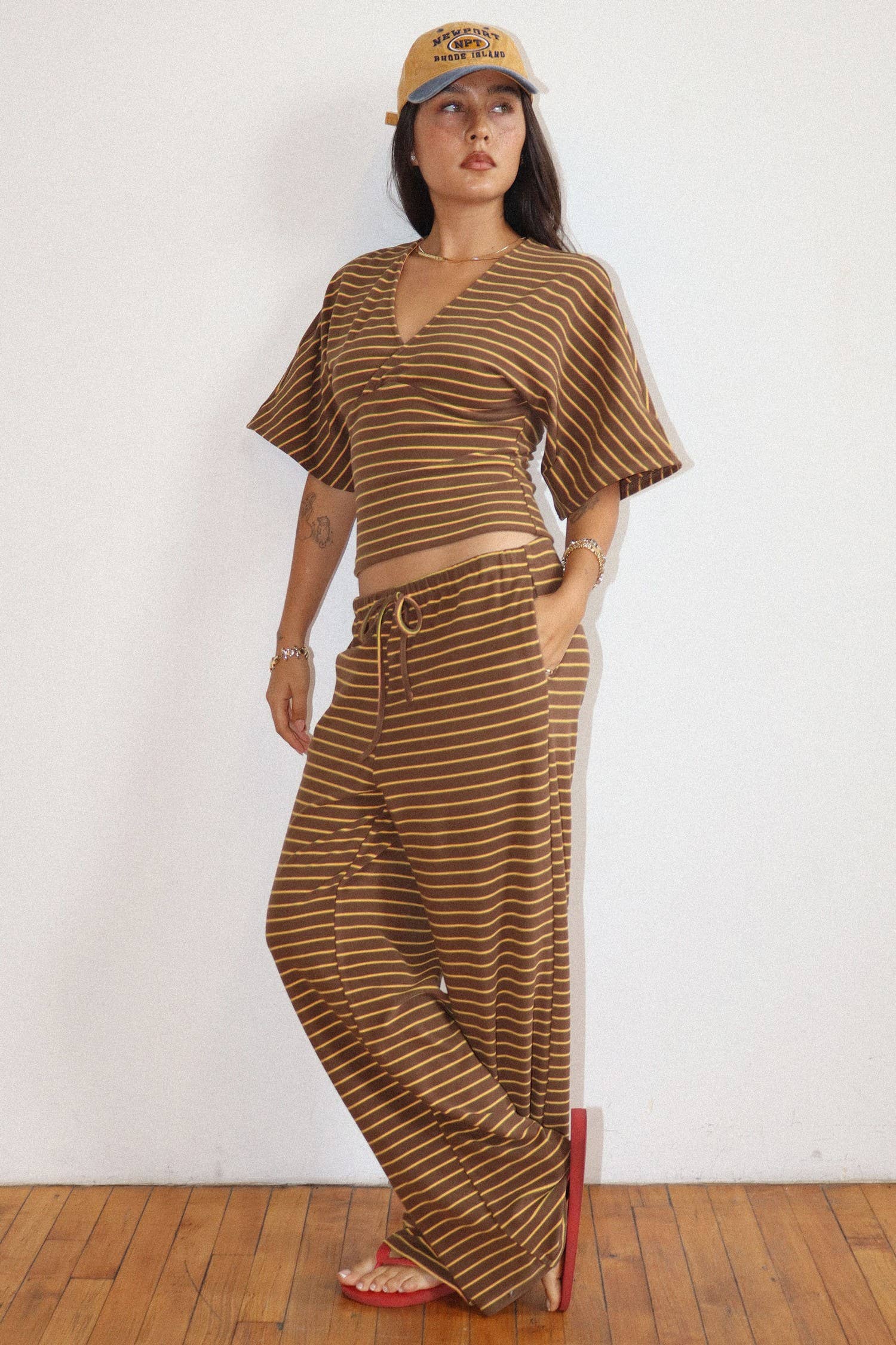 Mocha Striped Drawstring Wide Leg Pants