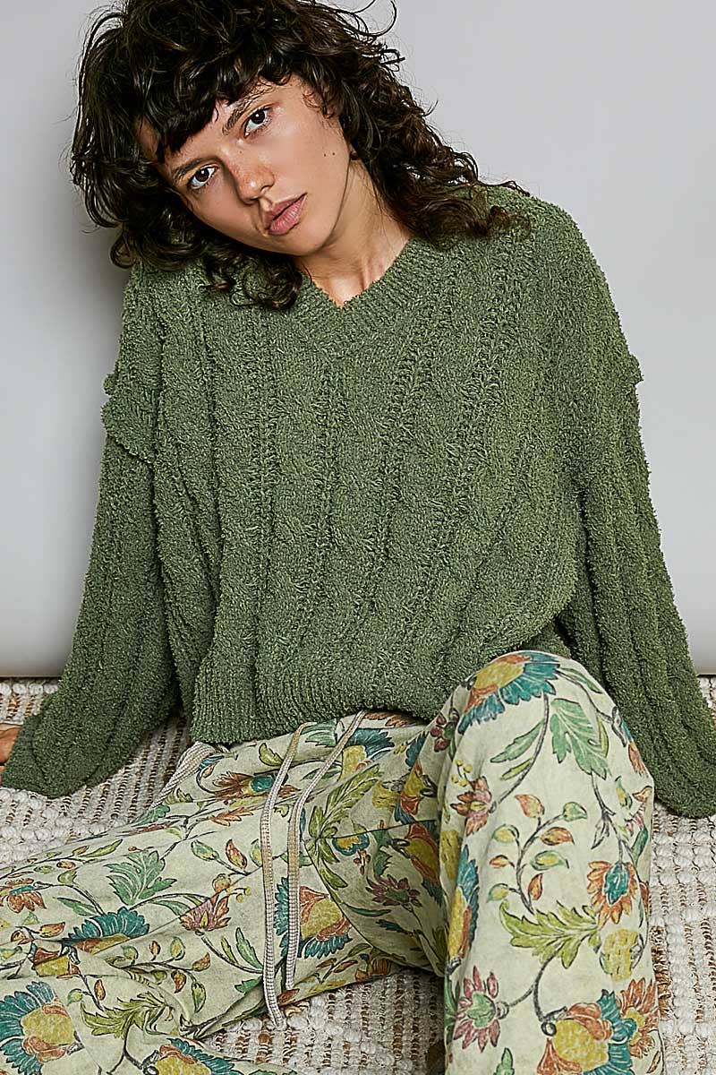 Cozy V-Neck Cable Knit Sweater by POL