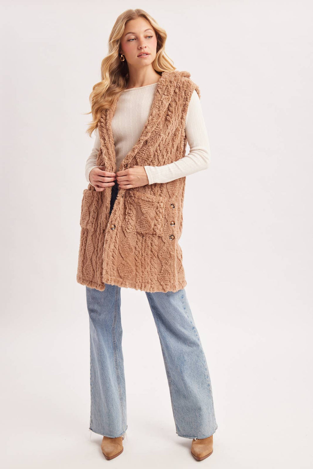 BOUCLE CABLE KNIT SWEATER HOODED VEST