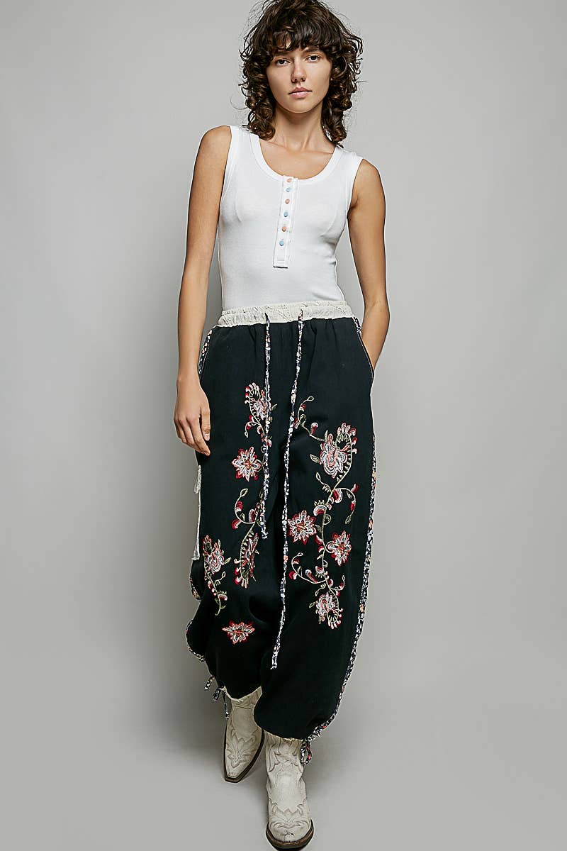 Floral Embroidery Patch Jogger Pants by POL