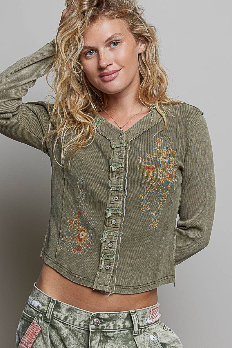 Vintage Washed Embroidered Henley by POL