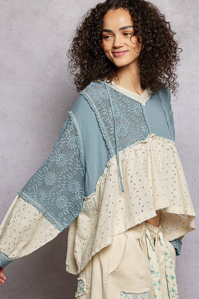 Eyelet Patch Crochet Woven Hoodie Top by POL
