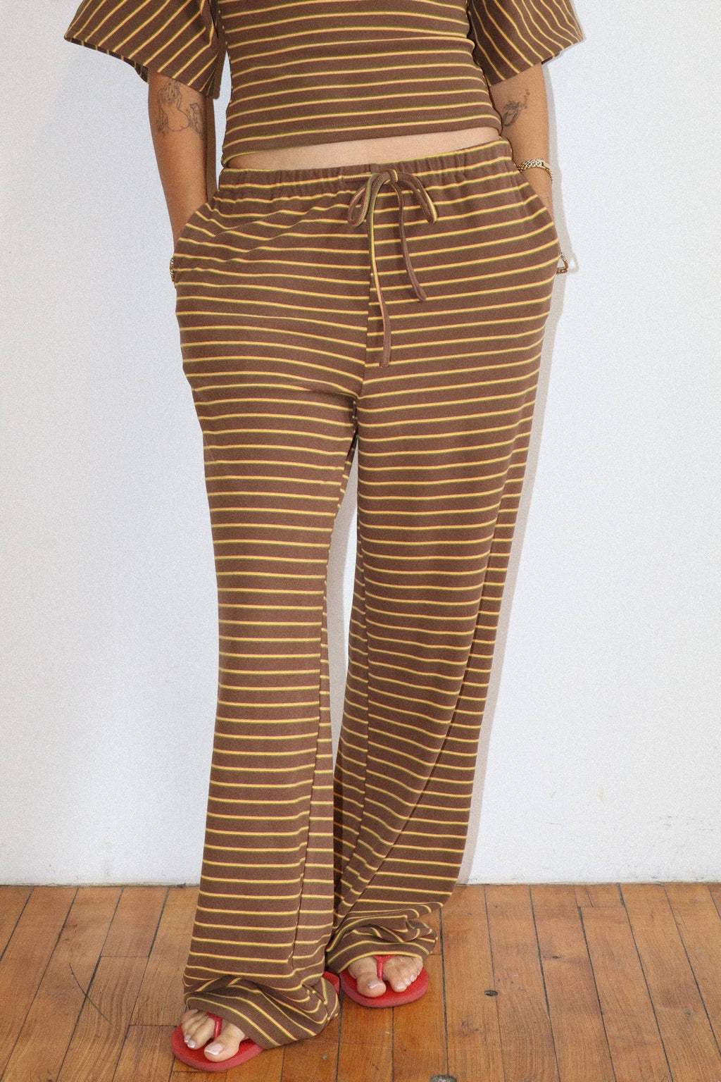 Mocha Striped Drawstring Wide Leg Pants